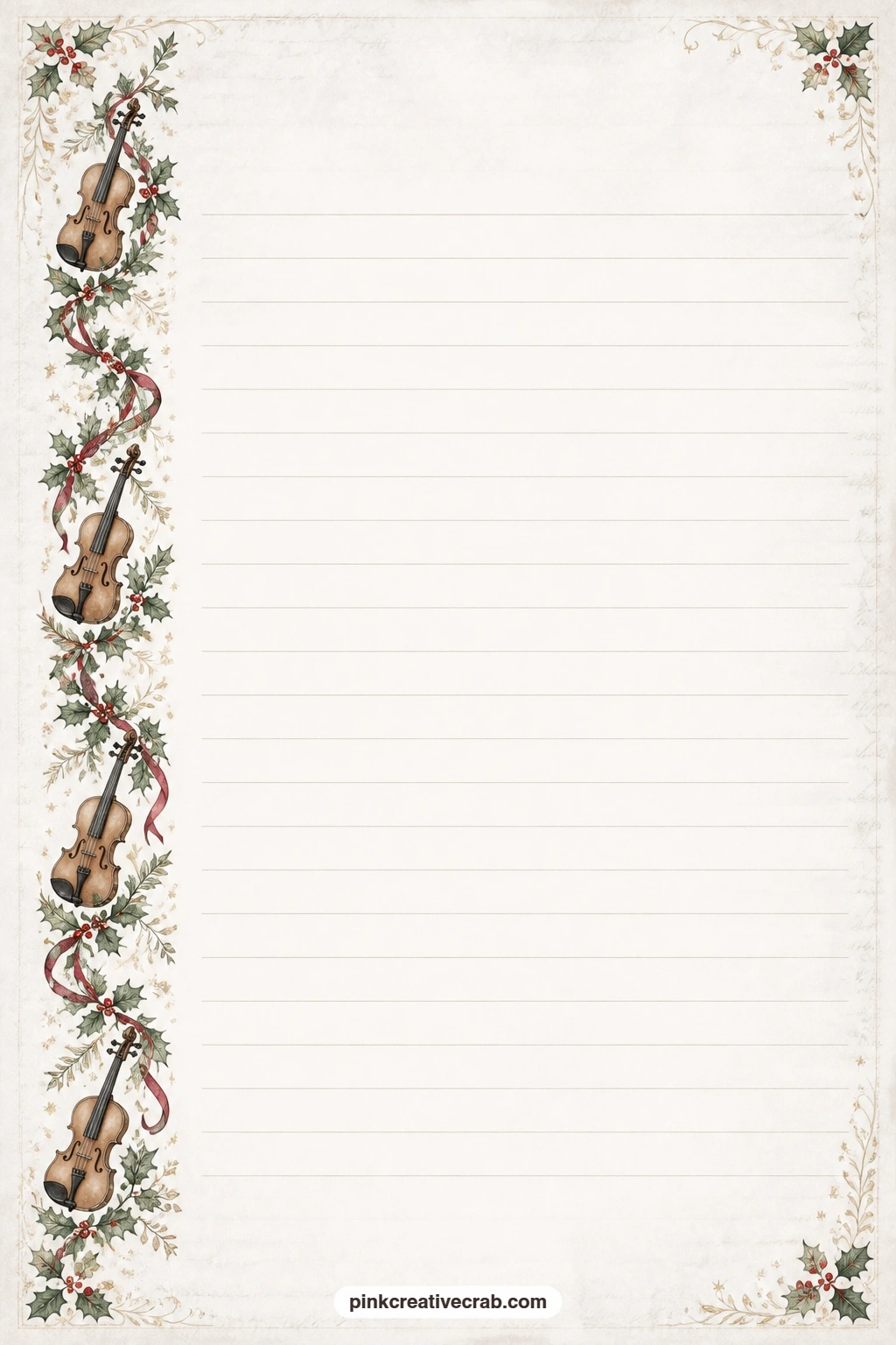 Fezziwig Fiddle And Garland Lined Page printable page — A band of tiny fiddles and garlands runs down one side, leaving the rest of the page open for a guest