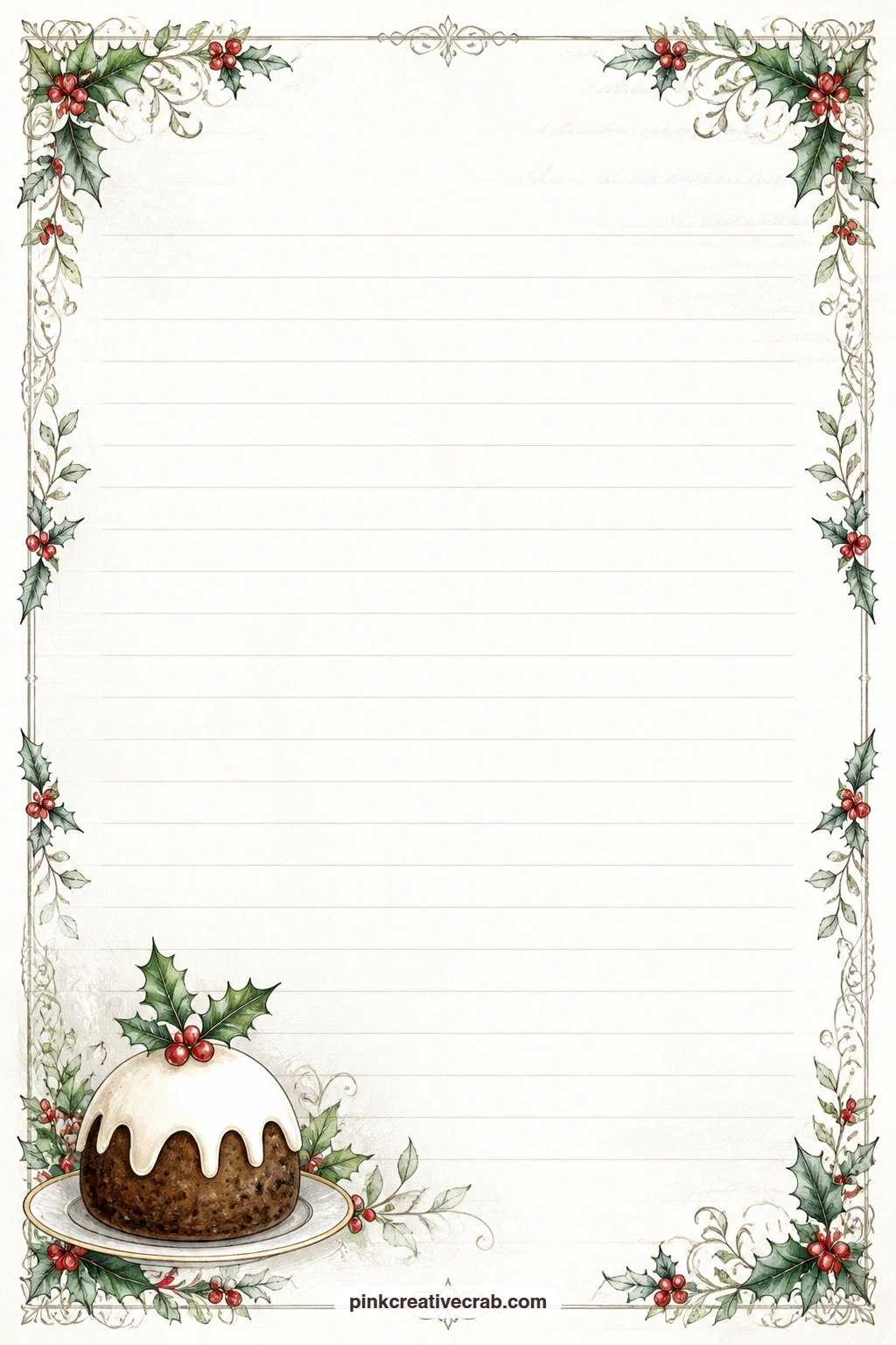 Cratchit Pudding And Holly Lined Page printable page — A small corner spray of pudding and holly decorates this page, room enough below for a family recipe, a