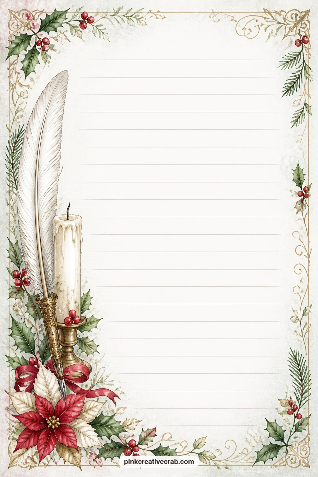 Candle Stub And Quill Lined Page printable page — A candle stub and a quill sit along one side of the page, leaving space for a late night thought, a wish list
