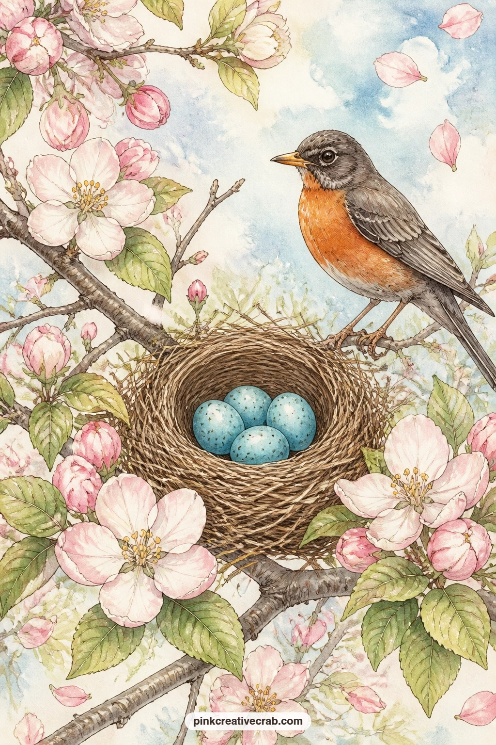 Robin Nest In Apple Blossom printable page — Apple blossom frames a robin's nest cradling four pale blue eggs, with a second robin perched nearby among the