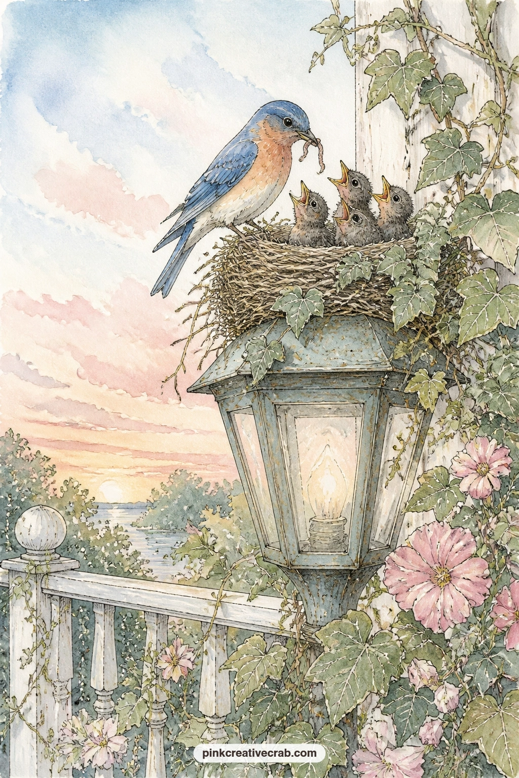 Mother Bird Feeding Chicks On Porch Lamp printable page — Pair this page with the feather and eggshell lined border further in the set, so the mother feeding