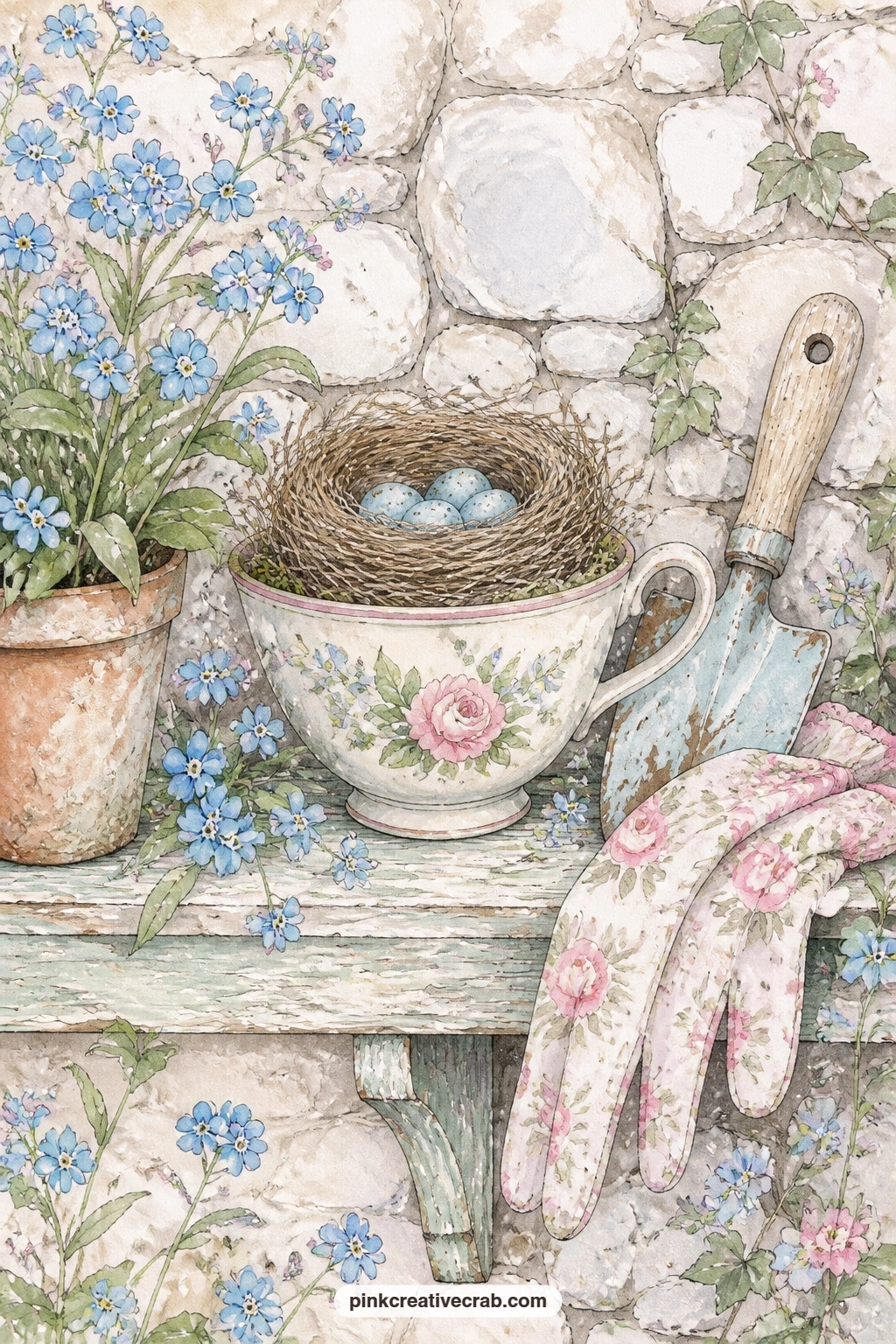 Nest In A Teacup On Garden Shelf printable page — A small nest rests inside a chipped teacup on a garden shelf, surrounded by sprigs of forget-me-nots, a