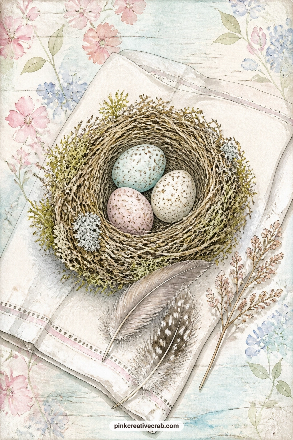 Speckled Eggs On Linen With Feathers printable page — The usual mistake with a still life like this is crowding every inch, so leave the linen napkin mostly