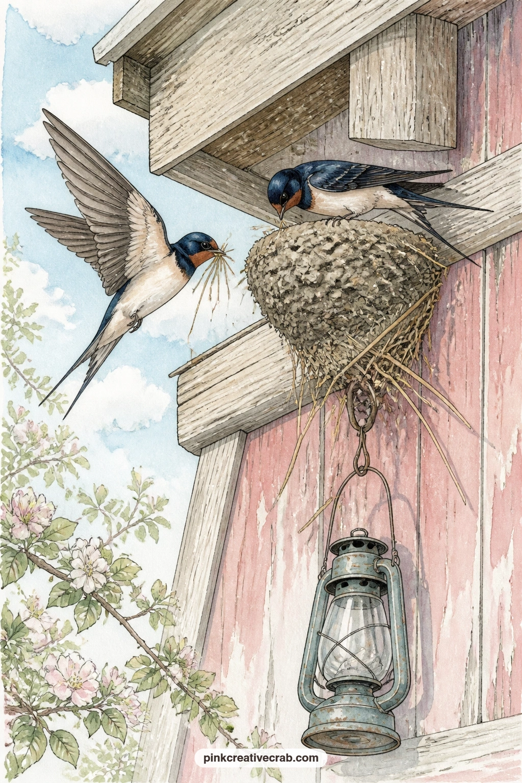 Swallows Building Nest Under Barn Eave printable page — Two swallows carry beakfuls of mud to a half built nest tucked under a weathered barn eave, with straw