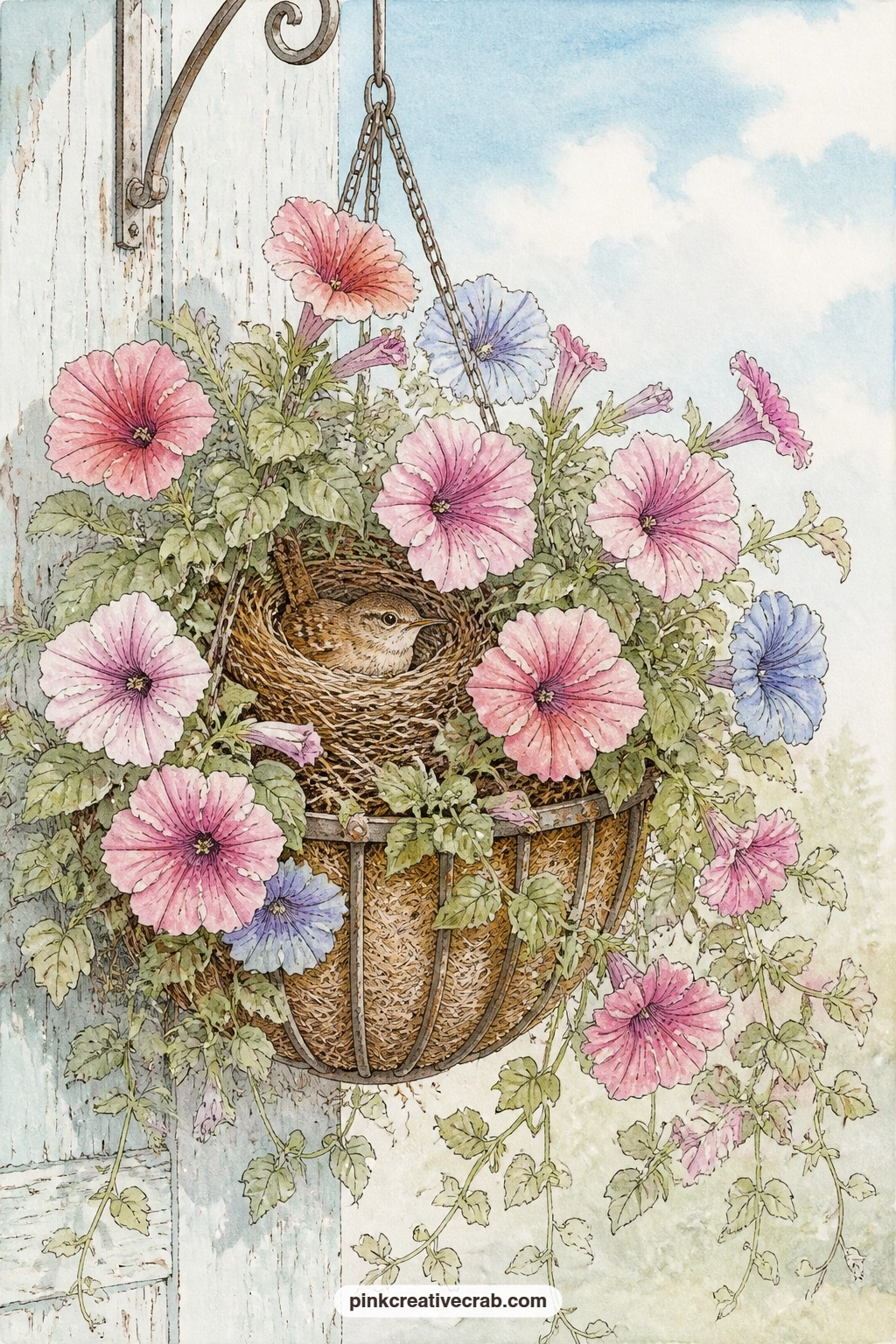 Wren Nest In Hanging Petunia Basket printable page — Write the date you first noticed birdsong this year along the edge of this page, or a short note about the