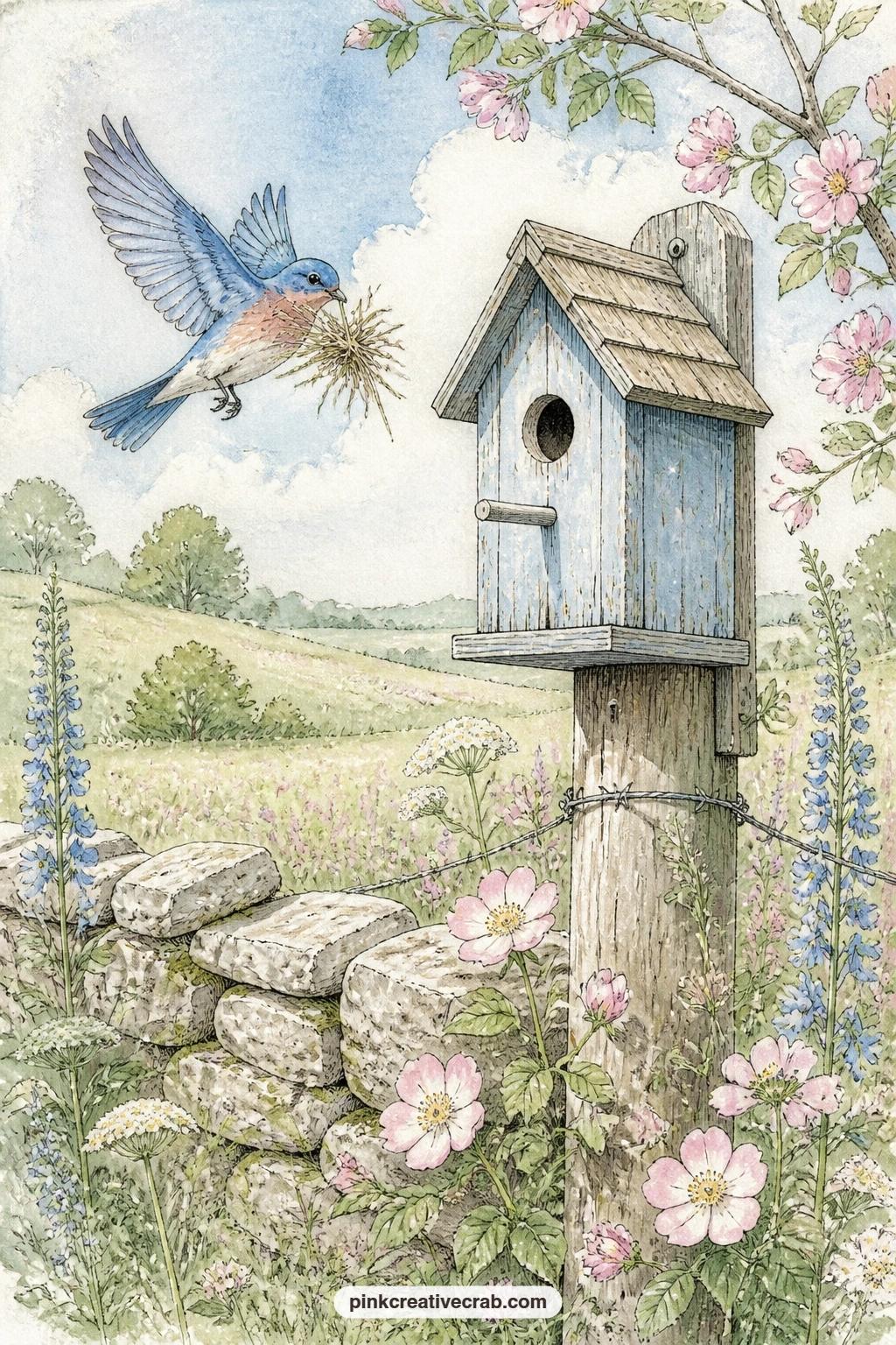 Bluebird Box On Fence Post printable page — A bluebird carrying a beakful of dried grass approaches its nest box mounted on a weathered fence post, with