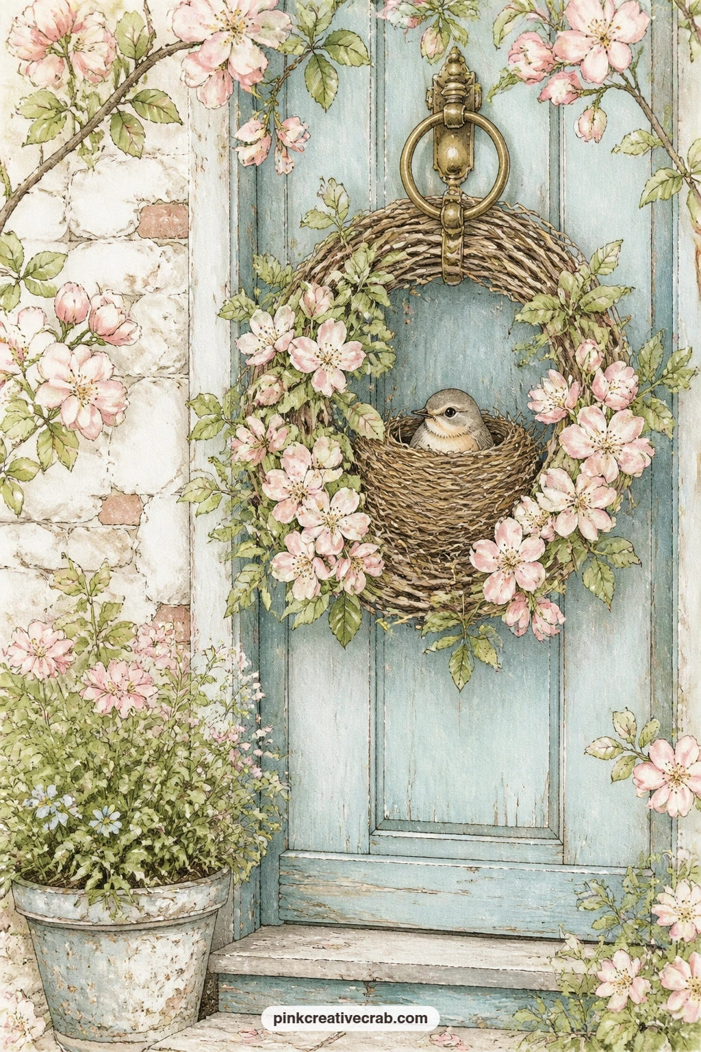Nest In Cottage Door Wreath printable page — Tear the top edge of this page gently before gluing it in, so the wreath looks as if it has hung on the door