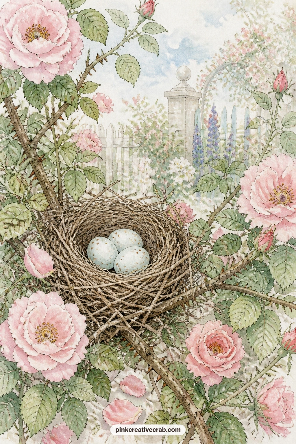 Cardinal Nest In Rosebush printable page — A cardinal nest sits low in a flowering rosebush, holding three pale eggs among thorny stems, climbing leaves and a