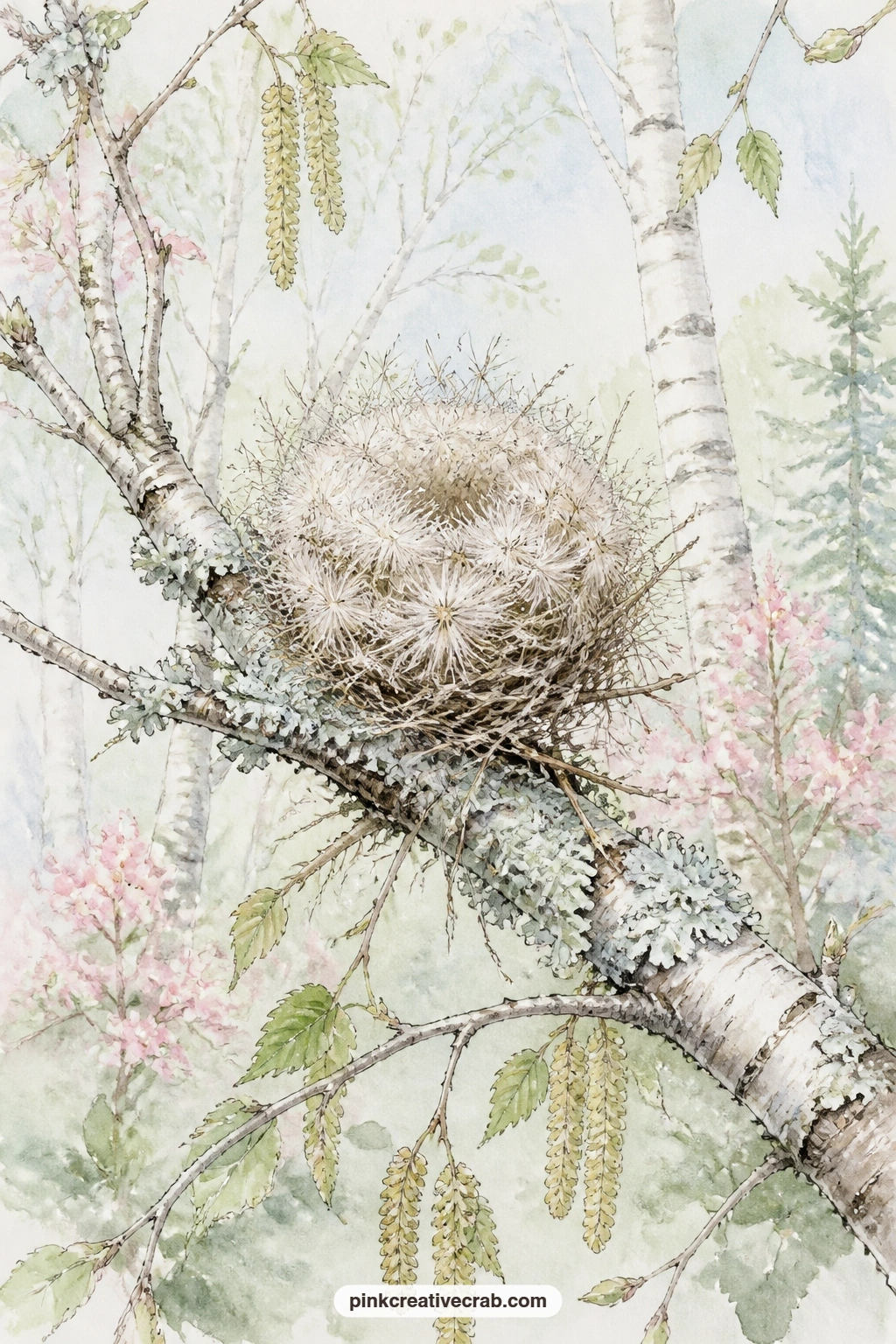Thistledown Nest On Birch Twig printable page — Pair this delicate page with the mint speckled eggs background further in the set, slipping it behind the twig
