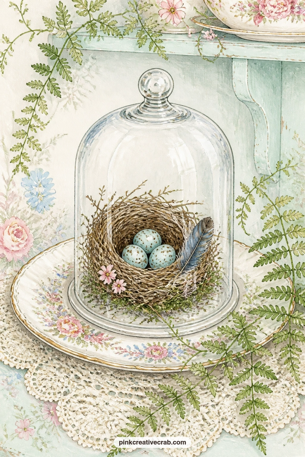Cloche Over Nest On Vintage Plate printable page — A glass cloche shelters a small nest and eggs resting on a vintage floral plate, with trailing fern fronds