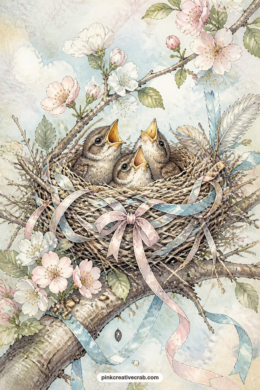 Baby Sparrows In Ribbon Nest printable page — For a five minute version of this page, sketch only the nest of twigs and ribbon with three open beaked sparrows