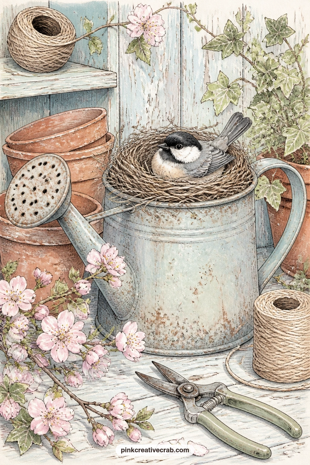 Nest In Old Watering Can printable page — A nest has settled inside an old tin watering can propped in the corner of a potting shed, among terracotta pots