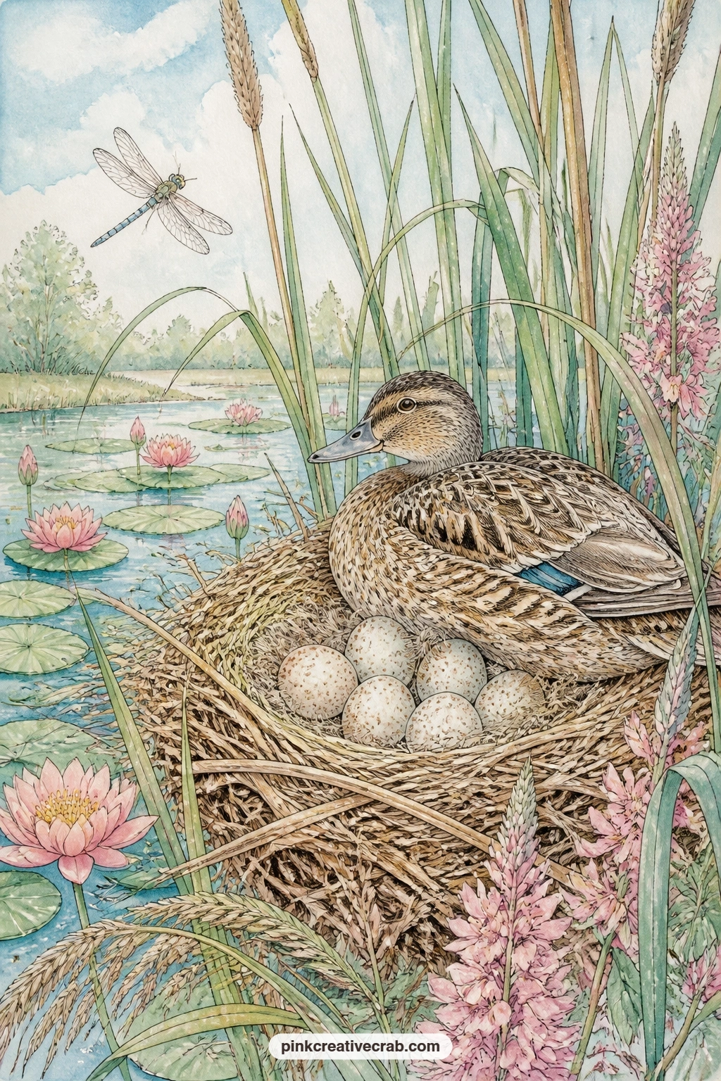 Duck Nest Among Pond Reeds printable page — Downy eggs rest in a duck nest tucked among tall reeds beside a still pond, with lily pads, a dragonfly and soft