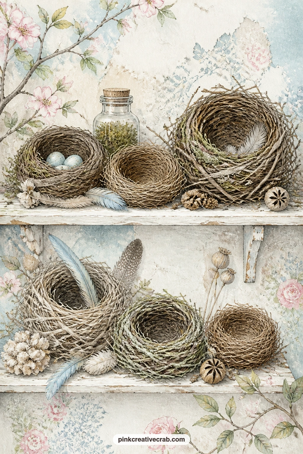 Collection Of Nests On A Shelf printable page — Several nests of different sizes line a wooden shelf alongside loose feathers, dried seed pods and a small