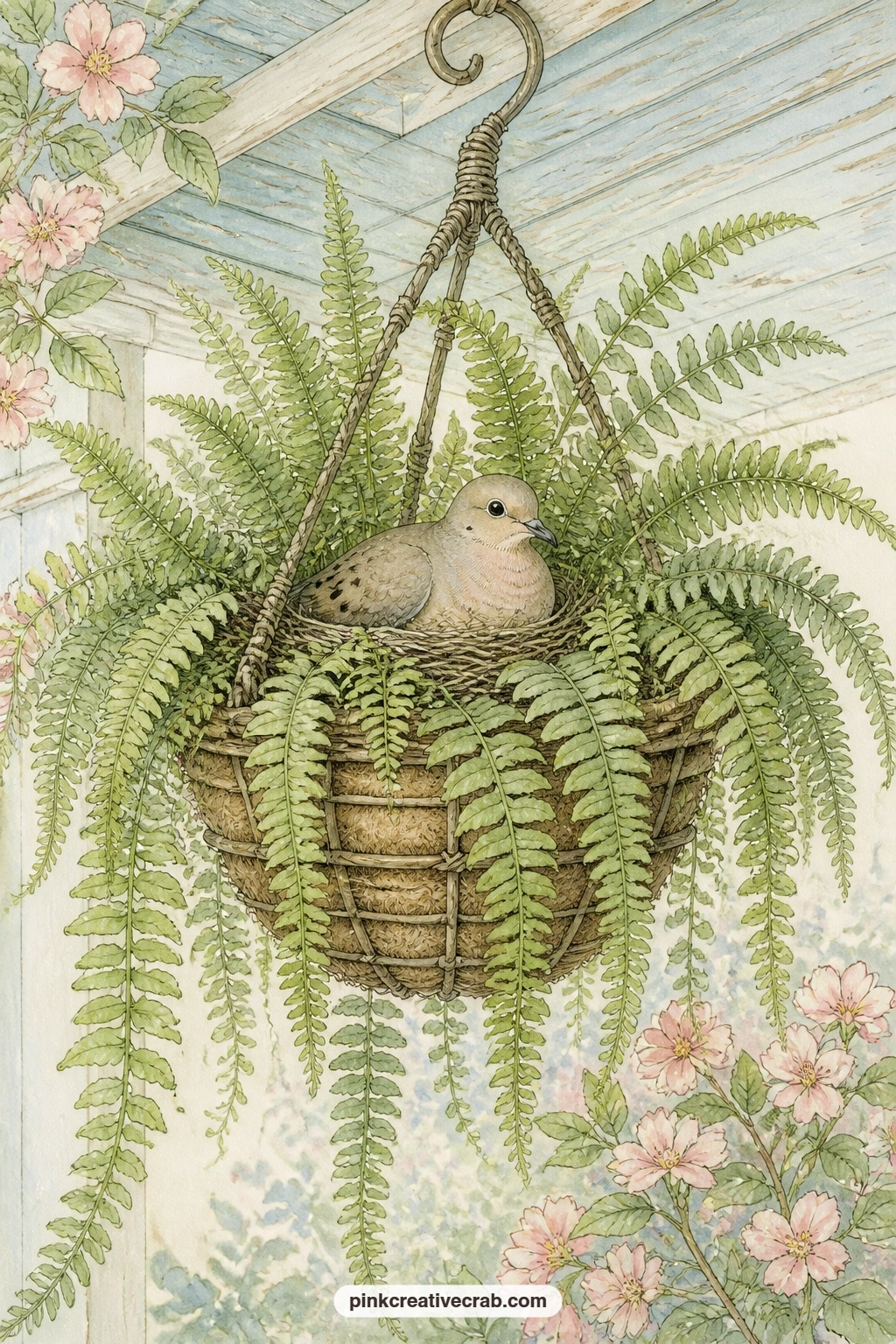Mourning Dove In Hanging Fern printable page — A mourning dove sits quietly on her nest tucked into a hanging fern basket, with trailing fronds, a woven hook