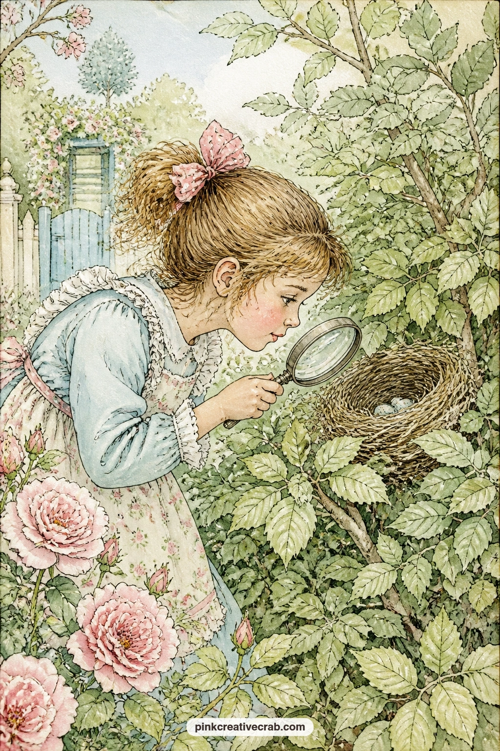 Girl Peeking At Nest With Magnifying Glass printable page — A young girl crouches by a garden hedge, holding a magnifying glass up to a hidden nest, the kind