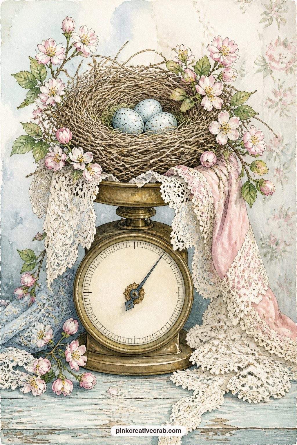 Nest On Vintage Scale With Lace printable page — Eggs and a small nest rest balanced on one side of a vintage brass scale, draped with scraps of lace and a few