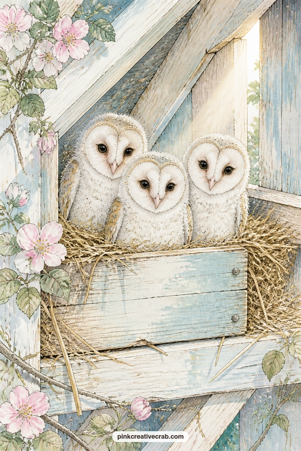 Barn Owl Owlets In Sunny Loft printable page — Give this page to the quieter corner of a gift journal, the one meant for a reader who loves owls more than any