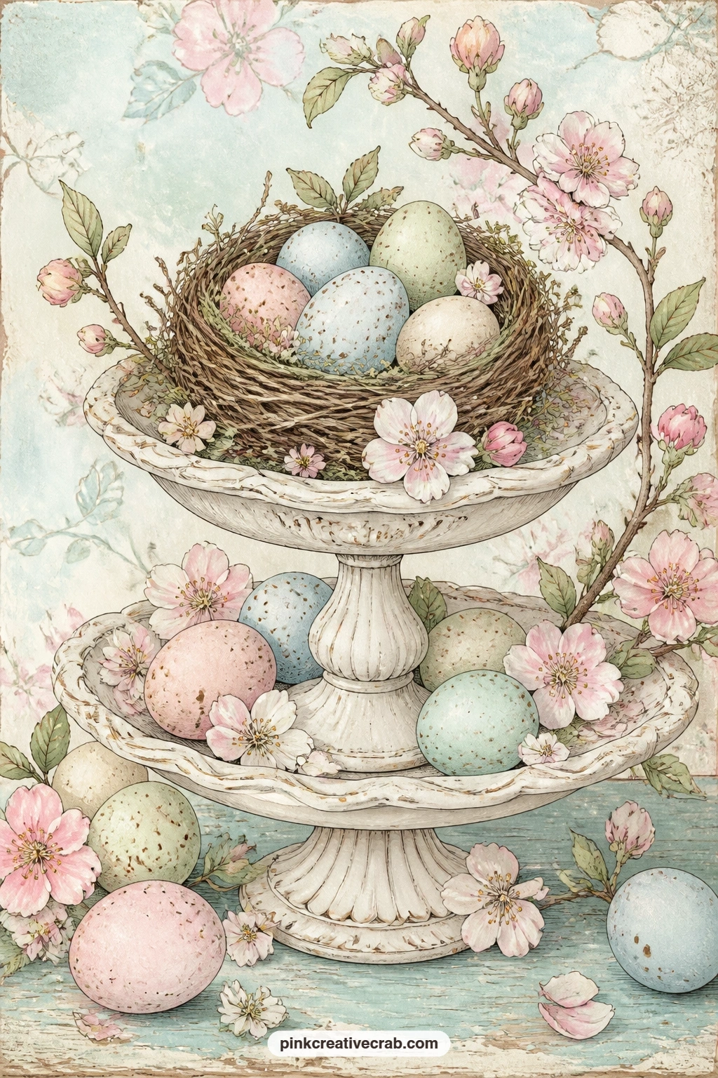 Pastel Eggs On Cake Stand printable page — A nest of pastel eggs sits on a tiered cake stand surrounded by spring blossom sprigs, the kind of page that works