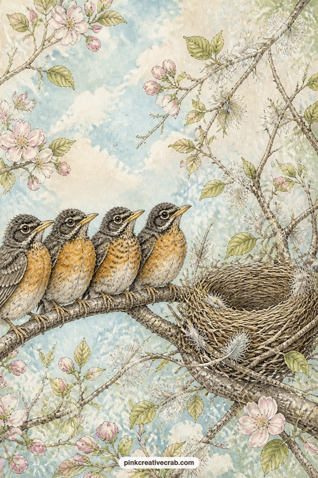 Robin Fledglings Beside Empty Nest printable page — Three robin fledglings sit lined up along a branch beside their now empty nest, with new leaves, a patch of