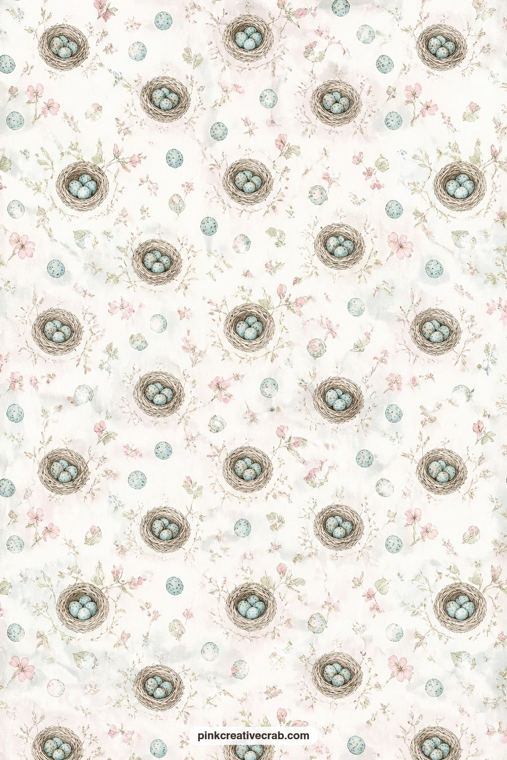Tiny Nests And Blue Eggs Pattern printable page — Small nests and scattered blue eggs repeat across a cream ground in this pattern, suited to lining a pocket