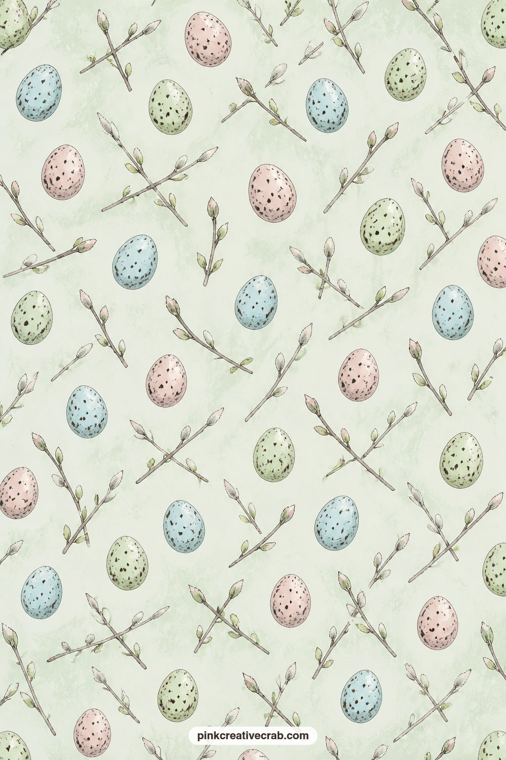 Speckled Eggs And Twigs Pattern printable page — Speckled eggs and crossed twigs scatter over a soft mint ground, a gentle choice for a pocket lining or for
