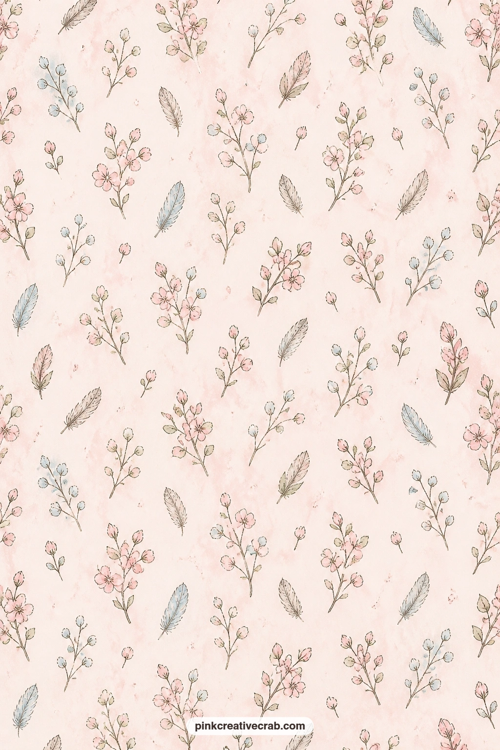 Feathers And Blossom Sprigs Pattern printable page — Little feathers drift among blossom sprigs over a blush ground, light enough to sit behind a scene page or