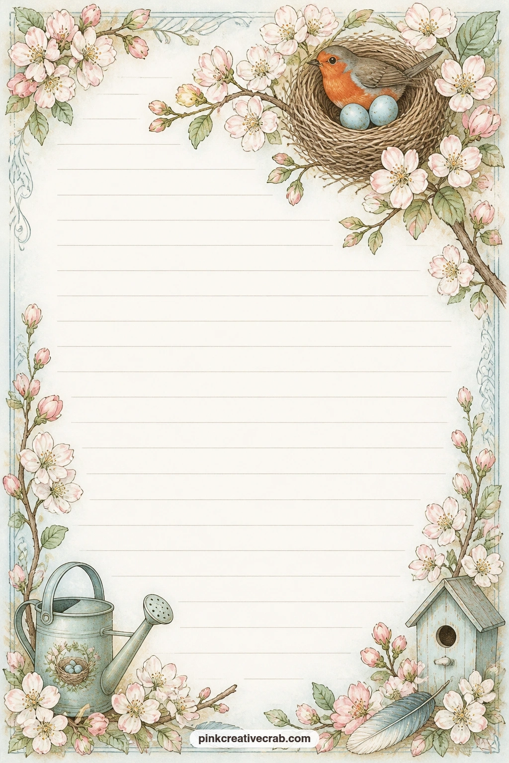 Robin Nest Blossom Corner Lined Page printable page — A robin nest on a blossom branch fills the top corner, leaving faint ruled lines below for a spring gift