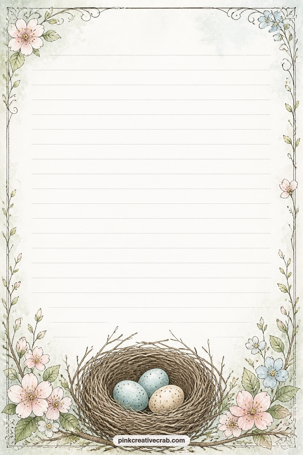 Twig Nest Eggs Bottom Border Lined Page printable page — A twig nest with speckled eggs runs along the bottom border here, well suited to a weekend menu, a