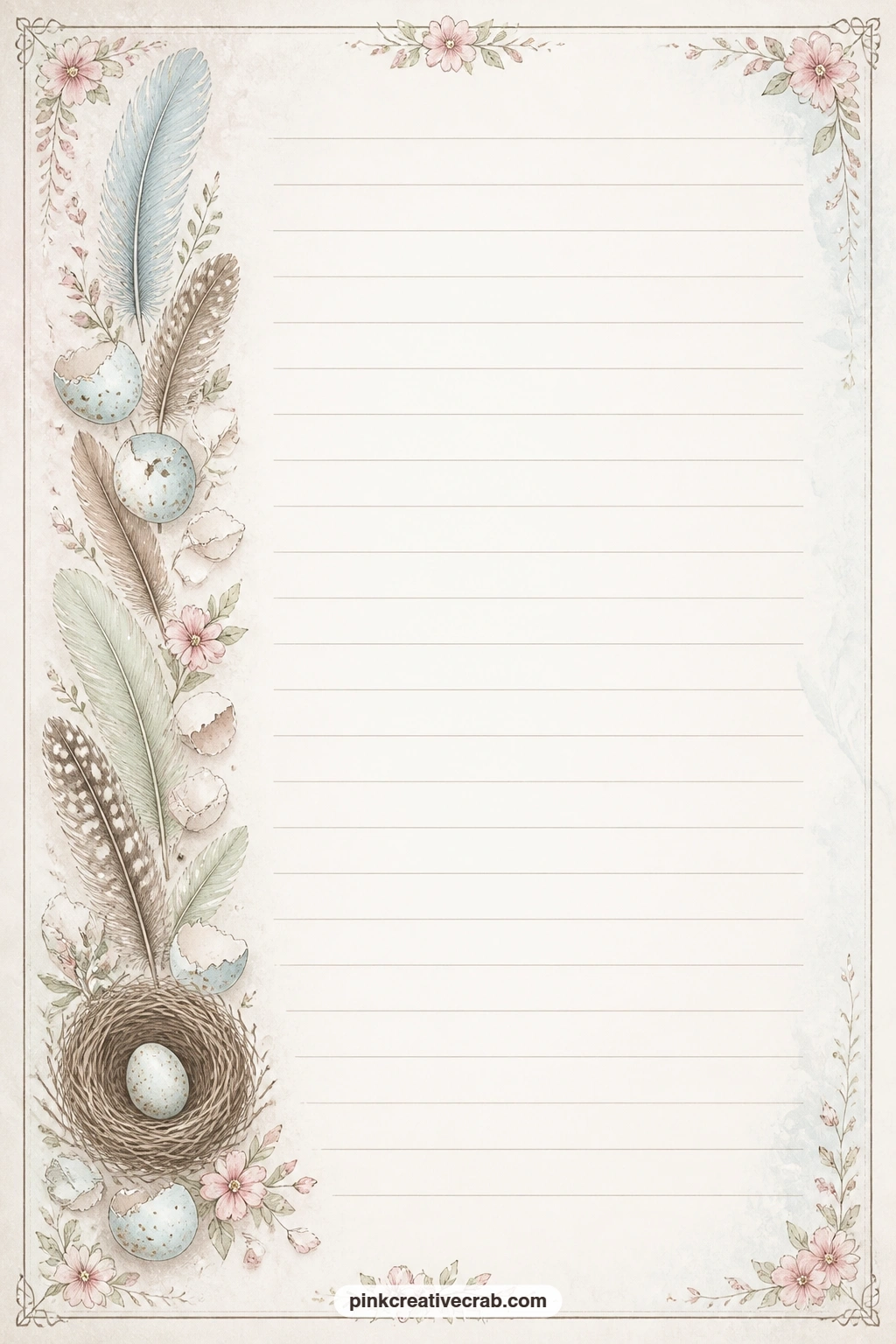 Feather And Eggshell Border Lined Page printable page — Feathers and small broken eggshell pieces trail along one side of this page, leaving room for a gift