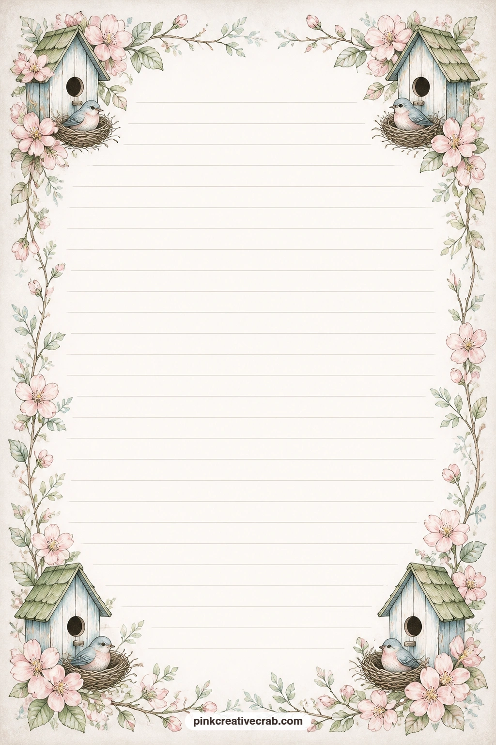 Birdhouse And Nesting Bird Frame Lined Page printable page — A birdhouse with a nesting bird frames the page corners, ready for a note to a friend who loves