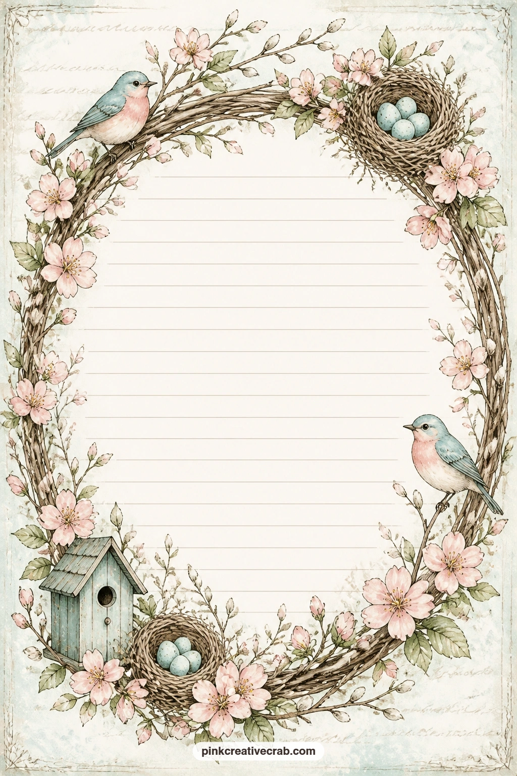 Bird Nest Wreath Frame Lined Page printable page — A full wreath of woven nest and blossom frames the whole sheet, leaving the center open for a longer entry