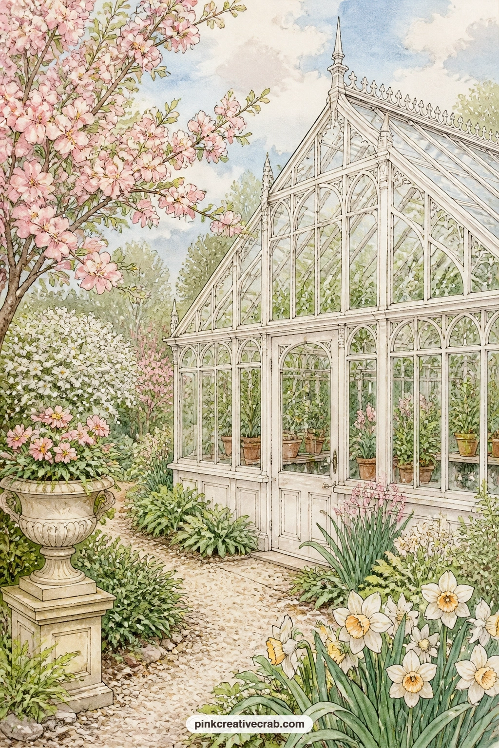 Victorian Glasshouse In Spring printable page — A Victorian glass greenhouse with white frames standing in a spring garden makes a strong opening page for any