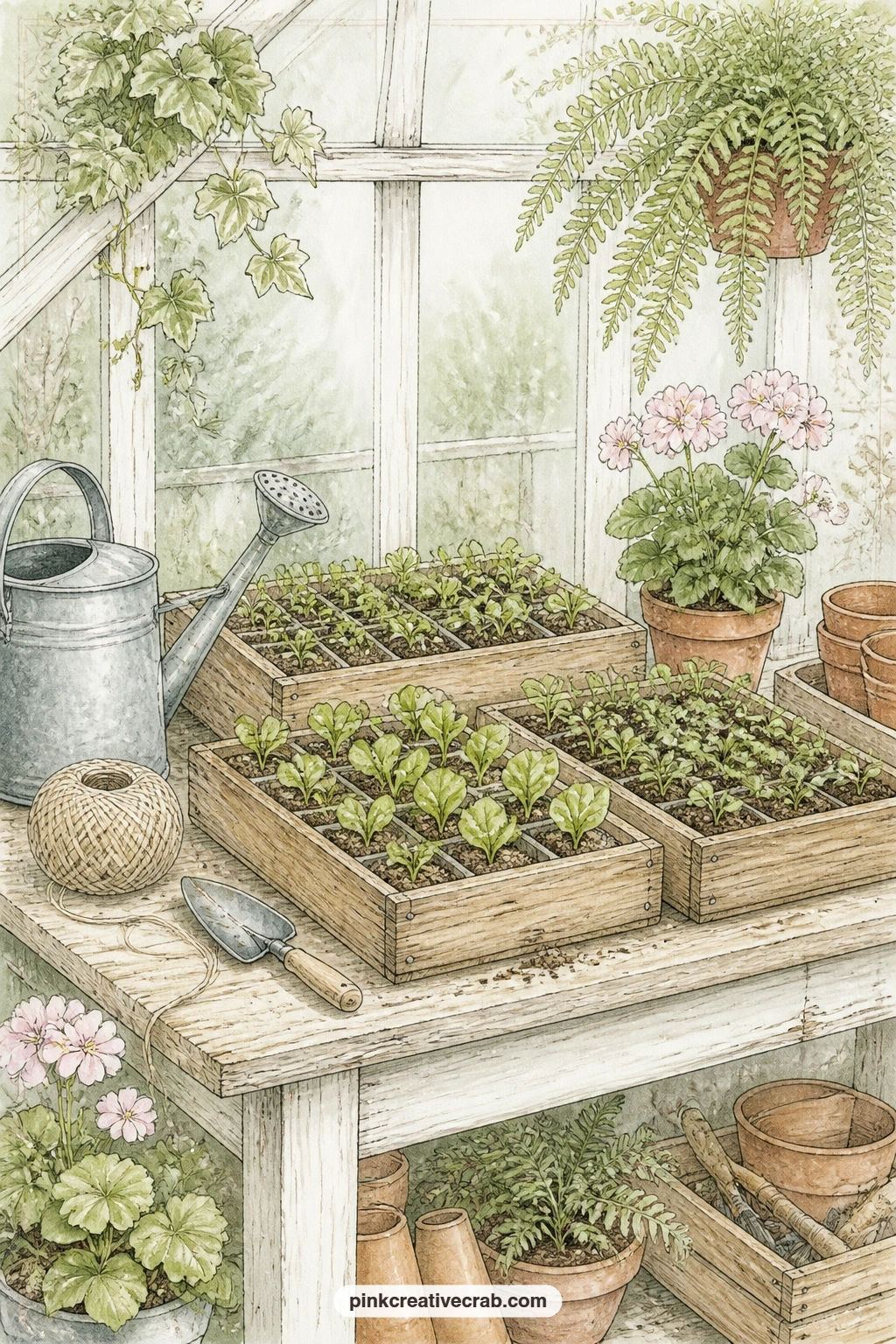 Seedling Trays On A Bench printable page — Pair this page with the mint seedling background further on: glue a strip of the pattern along the bottom edge as a