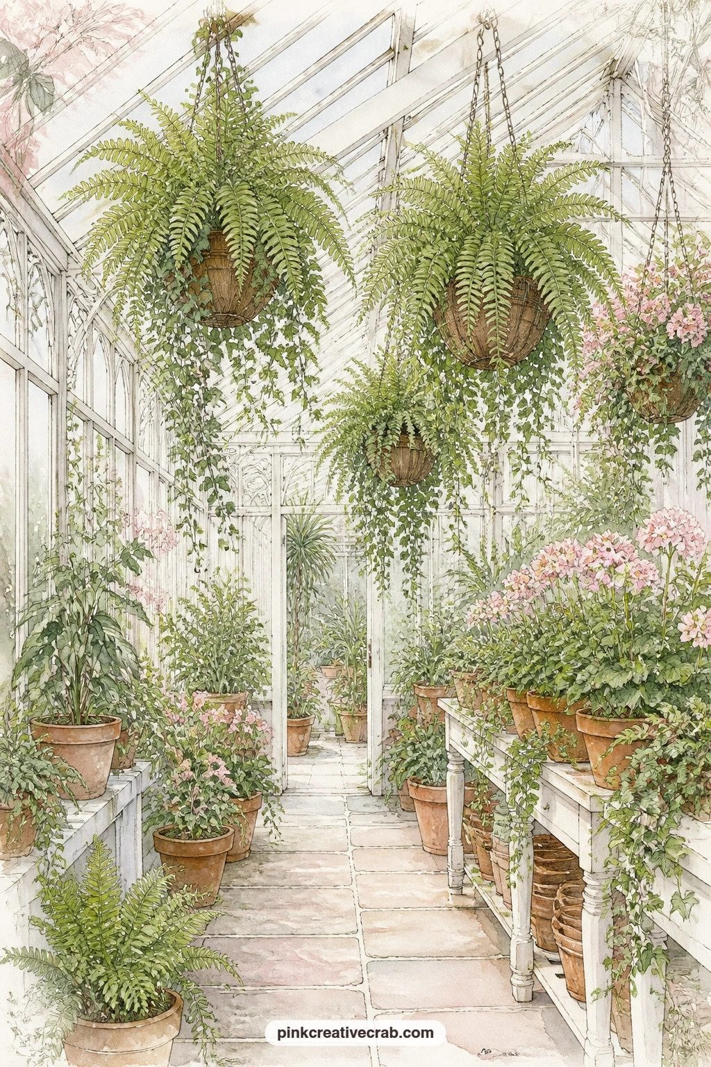 Hanging Ferns Over The Aisle printable page — Trailing ivy and hanging ferns strung above a narrow greenhouse aisle give you a page heavy with green, perfect