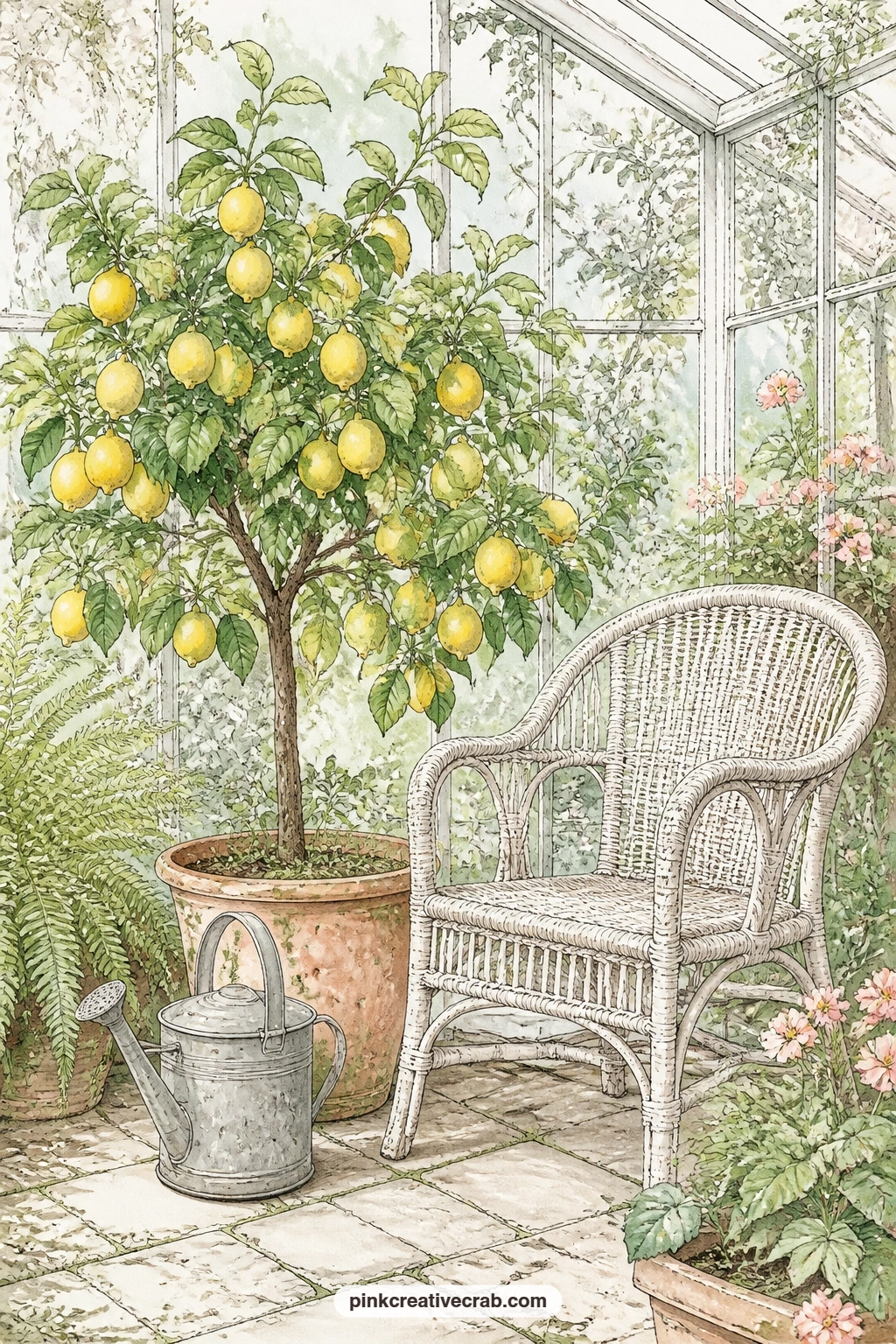Lemon Tree And Wicker Chair printable page — The usual mistake with a page like this is cramming it with too many pots: keep the lemon tree, the watering can