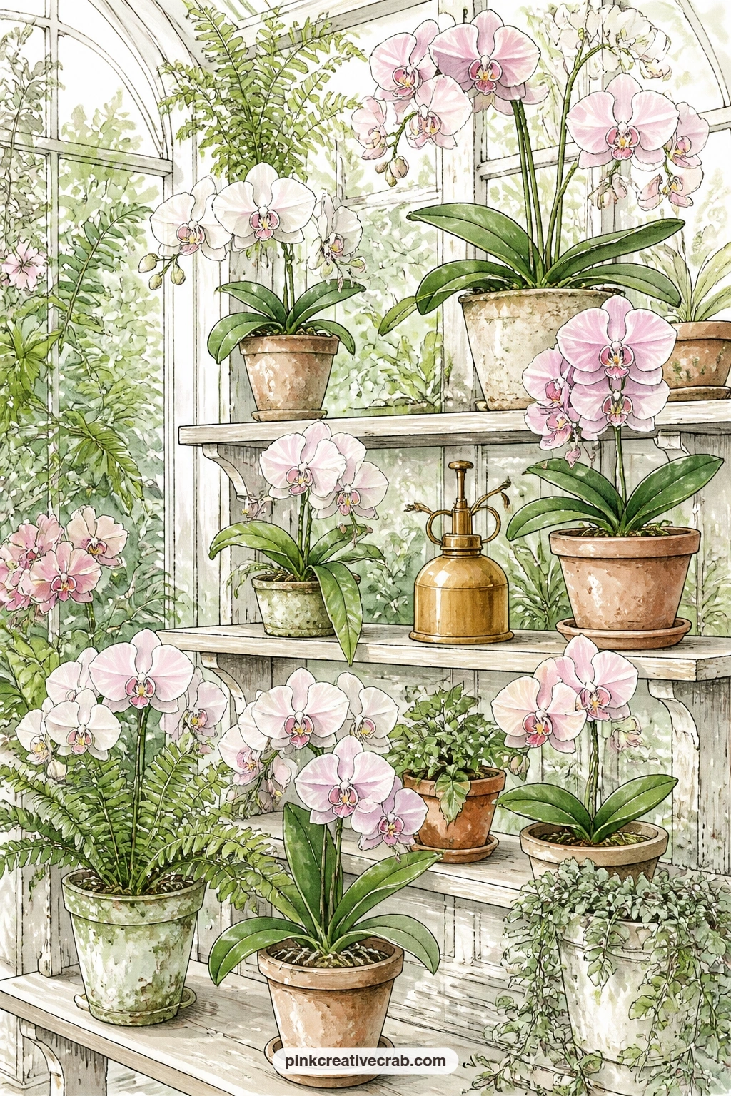 Orchids On Tiered Shelves printable page — Who is this page for in a gift journal: the friend who fusses over orchids more than any other plant, since tiered