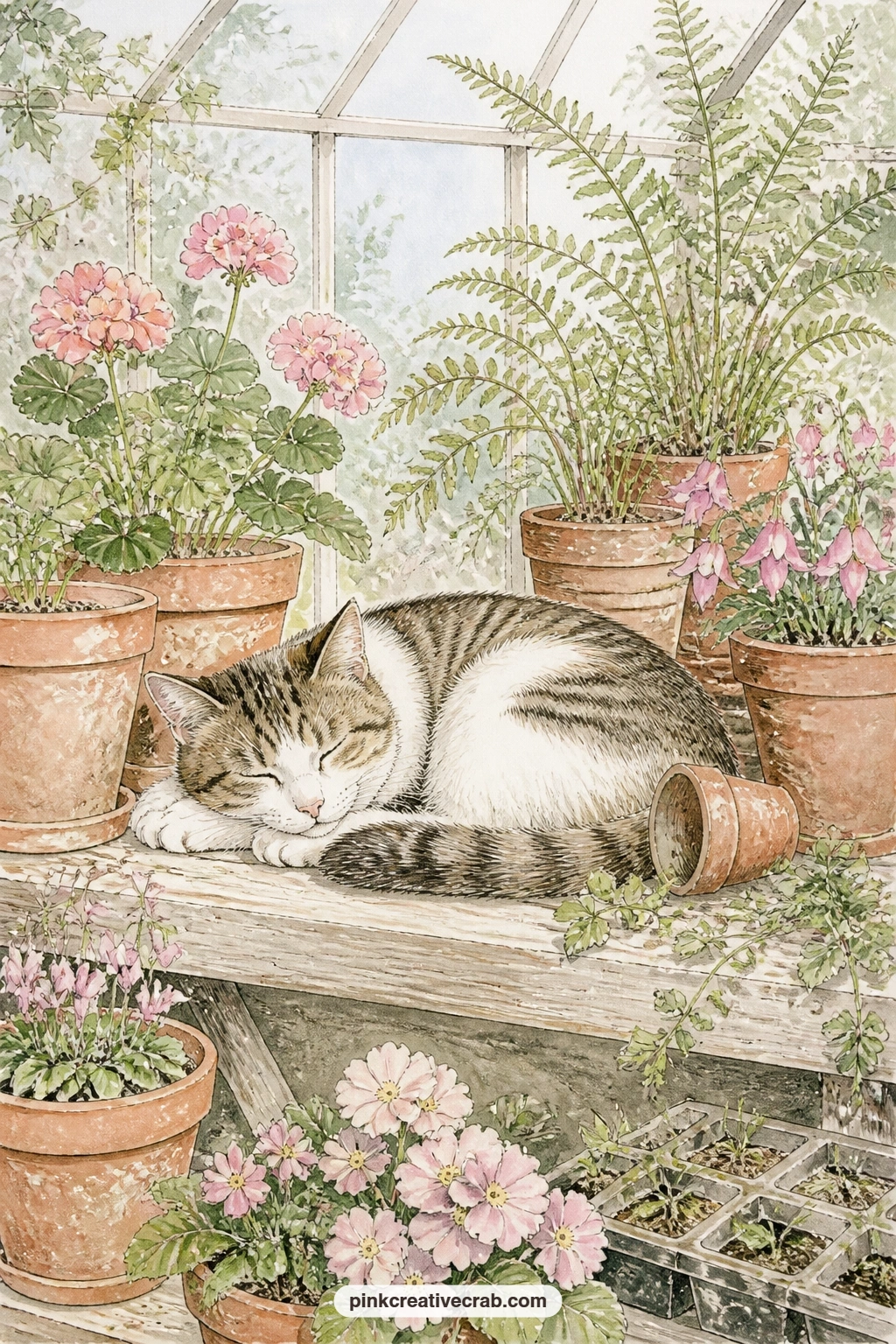 Dozing Cat Among The Pots printable page — A cat dozing among sunlit pots on a greenhouse bench gives the kit its one animal page, curled between a row of