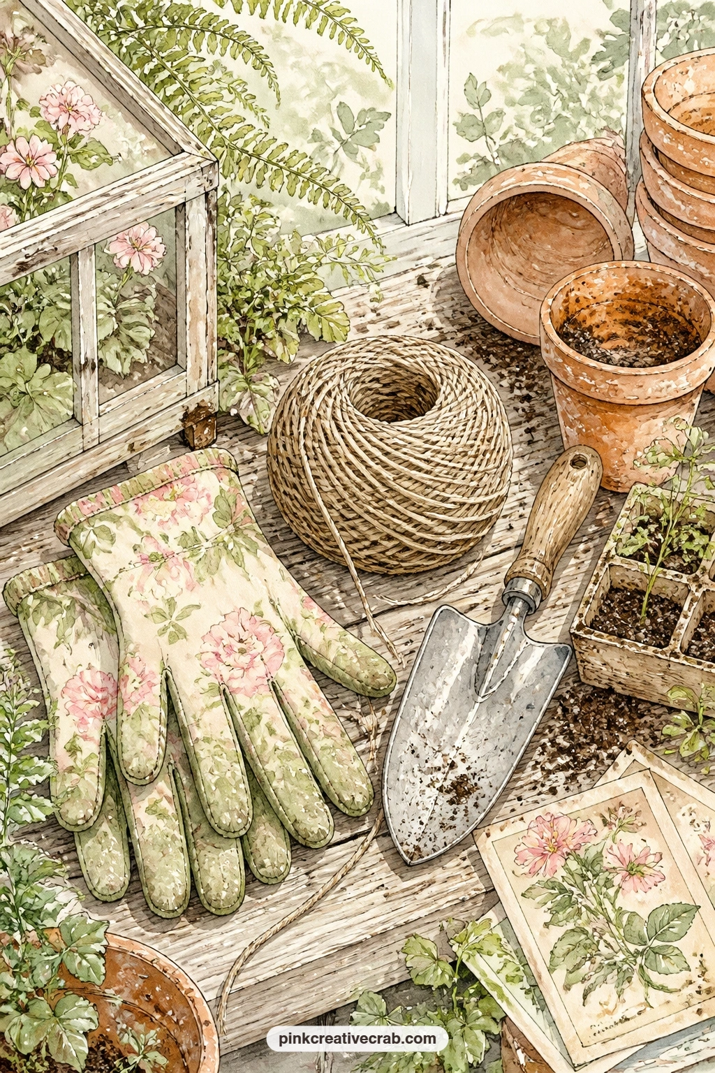 Gloves, Twine And Trowel printable page — Five-minute version: if you are short on time, cut just the potting table section from this page and glue it straight