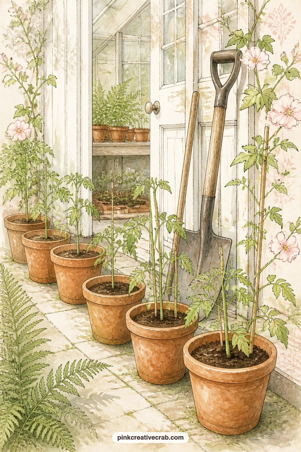Tomato Seedlings By The Door printable page — Tomato seedlings in clay pots lined up by a greenhouse door make a cheerful page for the start of the growing