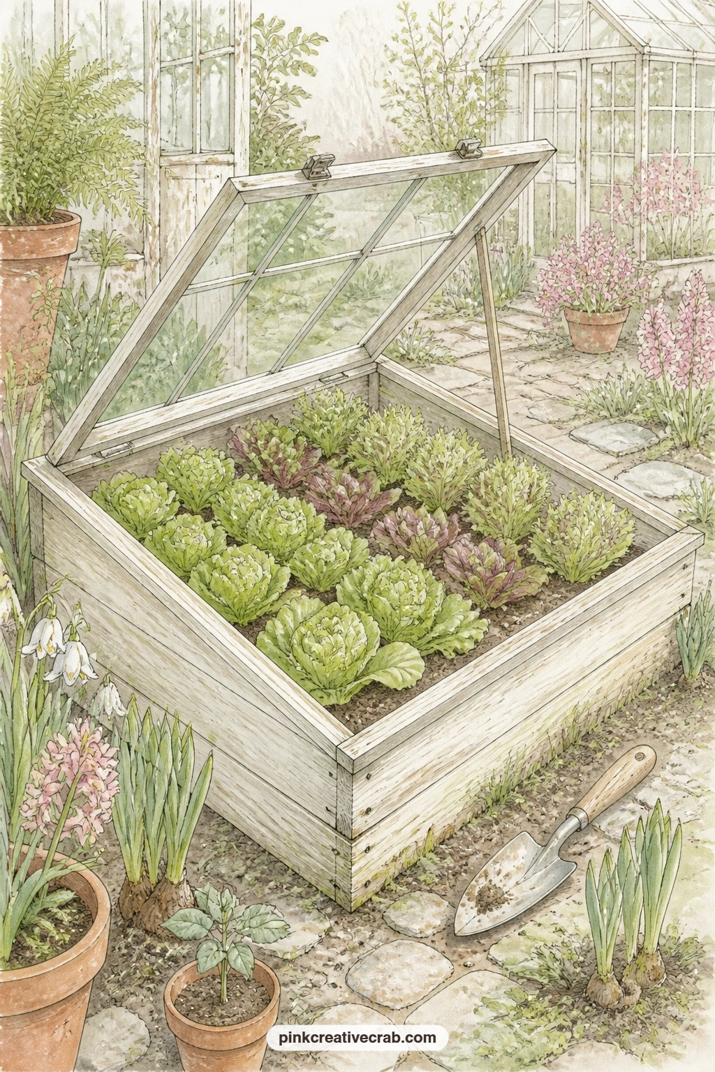 Cold Frame With Lettuce printable page — Place this page in a spread beside the tomato seedlings before it: the cold frame's propped glass lid echoes the open