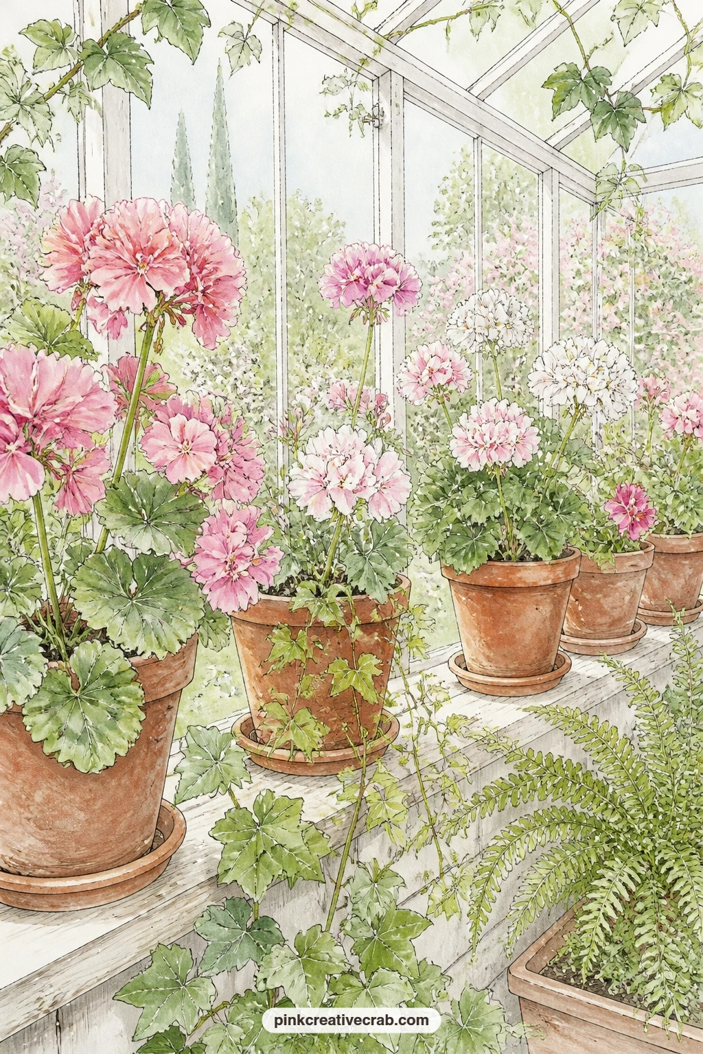 Pelargoniums On The Windowsill printable page — Pelargoniums in terracotta pots along a greenhouse windowsill, their blooms catching whatever light comes