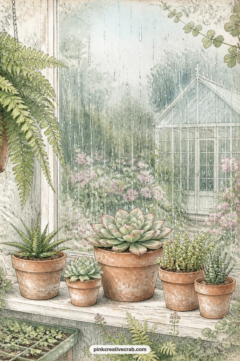 Rain On The Glass printable page — A question for the entry written here: what does the greenhouse sound like when rain runs down the glass and the succulents