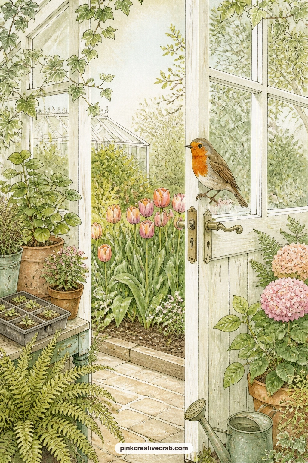 Robin At The Open Door printable page — A robin perched on an open greenhouse door with spring tulips nearby is the kit's second animal page, small and quiet