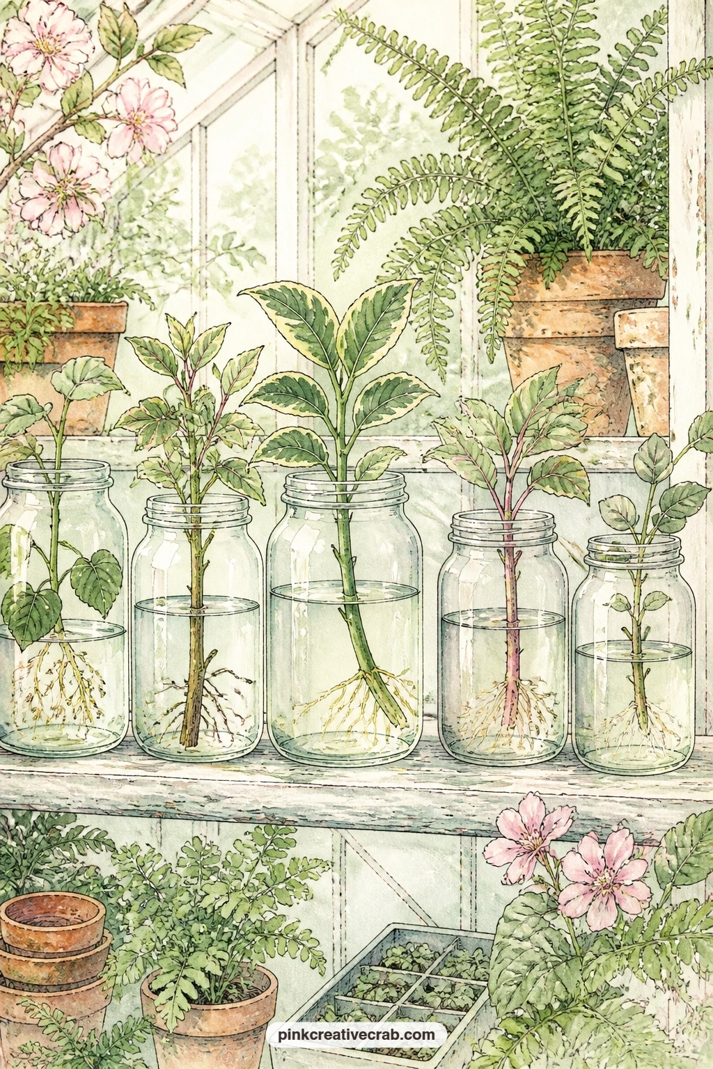 Cuttings Rooting In Jars printable page — Pair this page with the cream fern background later in the set: slip a strip of that paper behind the jars as a