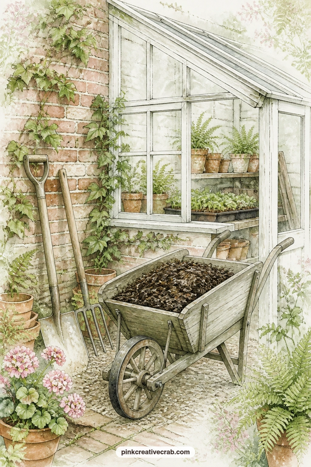 Wheelbarrow By The Lean-To printable page — A wheelbarrow of dark compost stands beside a lean-to greenhouse built against an old brick wall, the brick giving