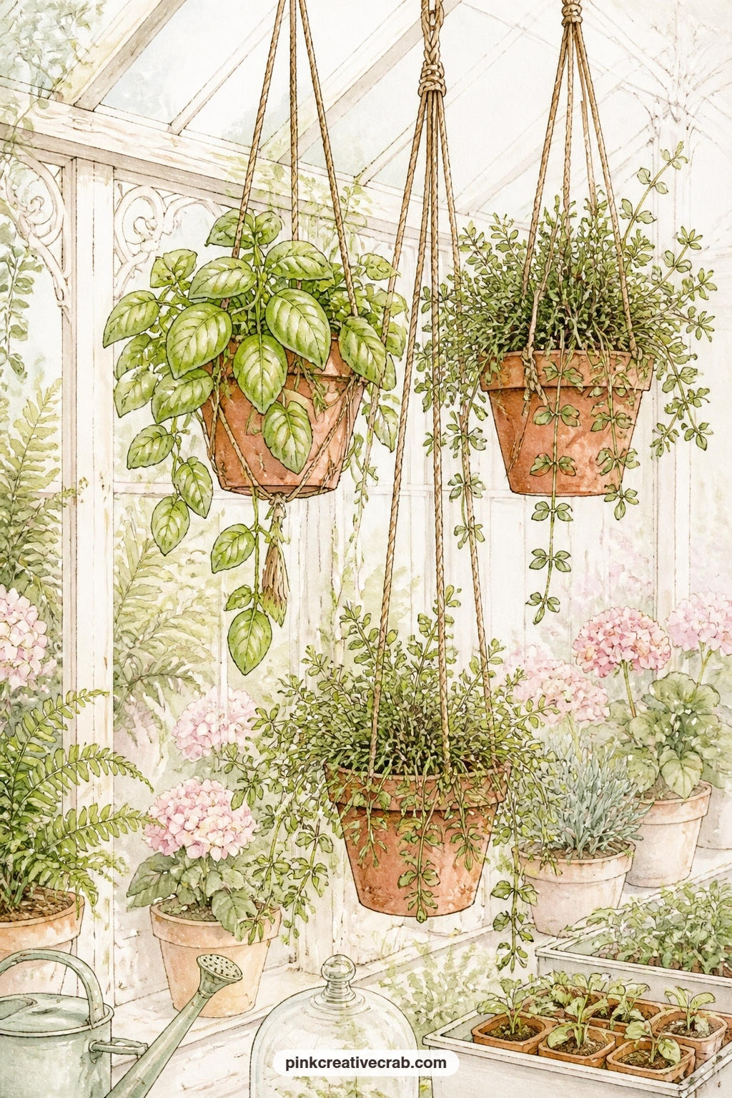 Hanging Herb Pots printable page — The usual mistake with herb pages is making every pot identical: give the basil broader leaves and the thyme a finer