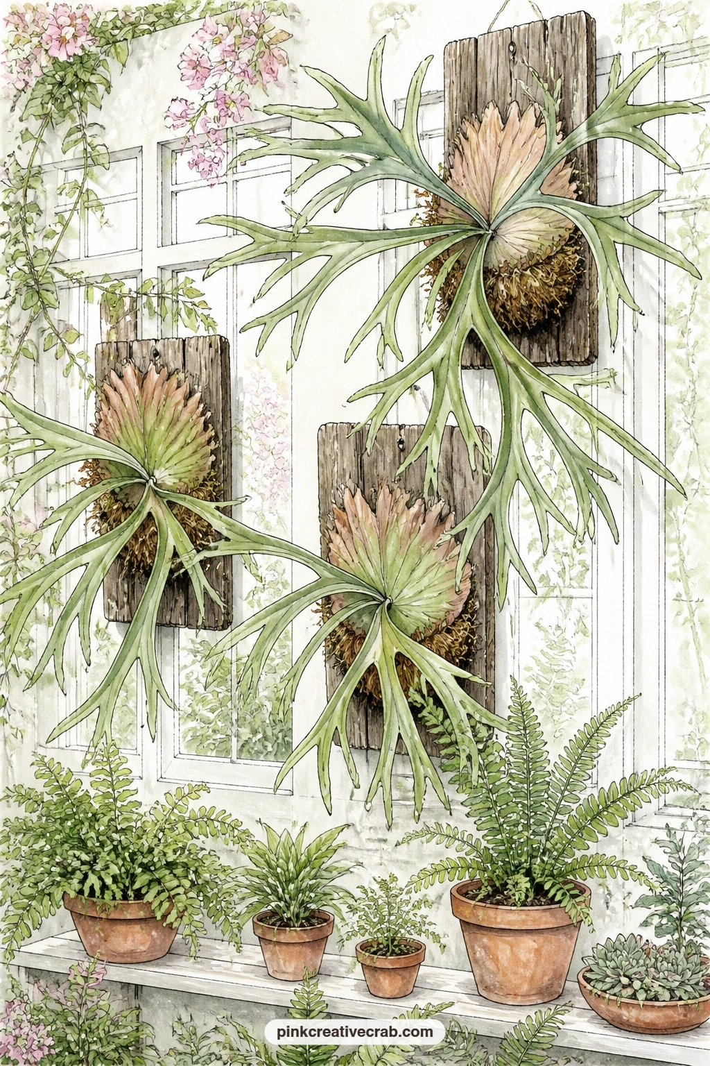 Staghorn Ferns On The Wall printable page — Staghorn ferns mounted on wooden boards along a greenhouse wall give the page an unusual, almost architectural