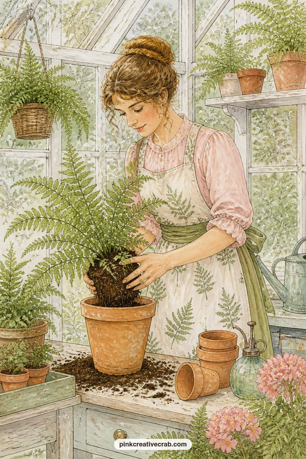 Repotting A Fern printable page — Place this page beside the hanging ferns page earlier in the set: the two share the same green, ferny mood, and together they