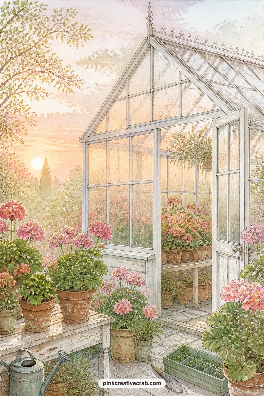Greenhouse At Sunrise printable page — Greenhouse panes fogged with morning mist and a row of geraniums glowing faintly inside make a quiet closing scene, the